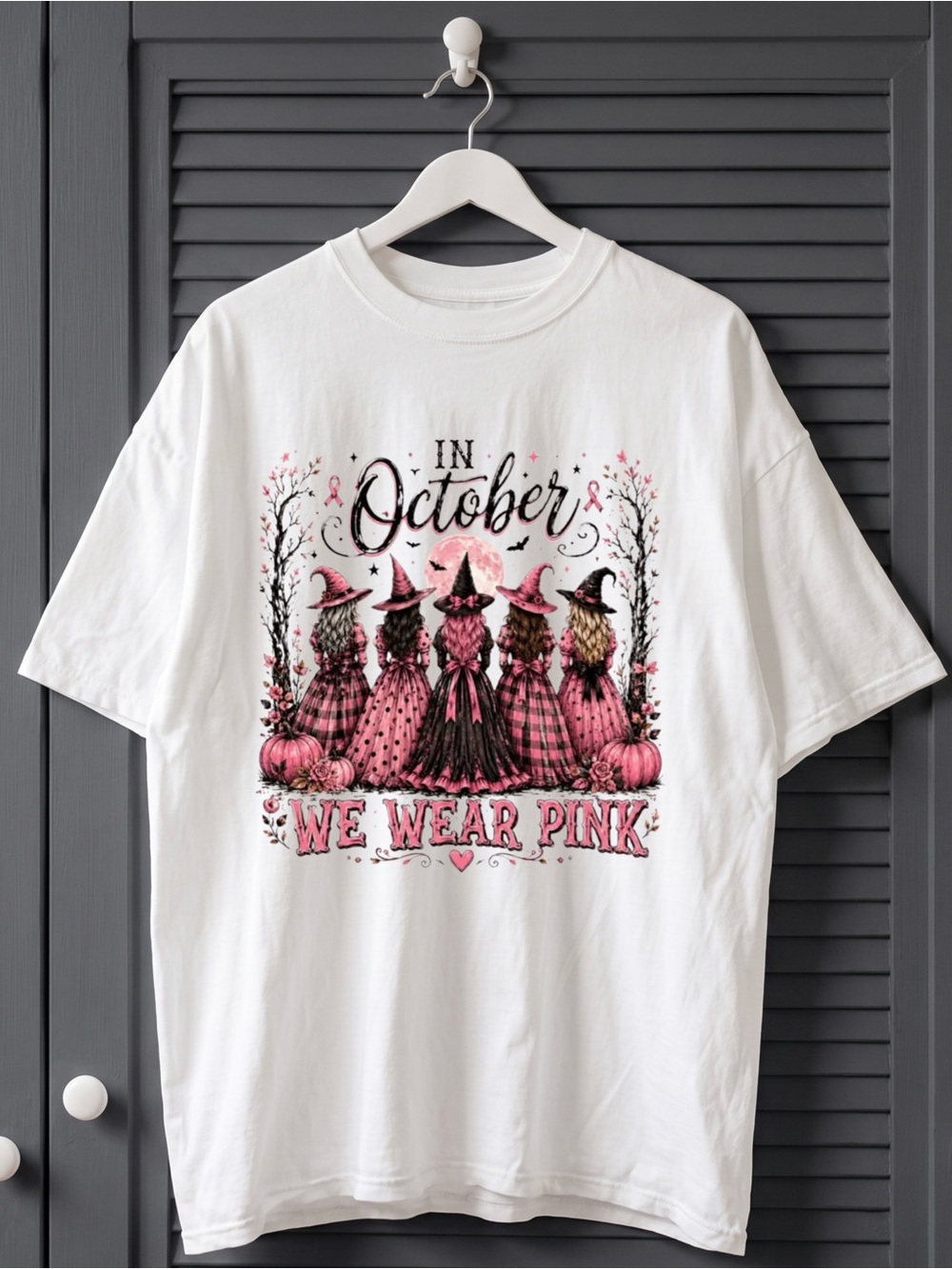 In October We Wear Pink Witches Pinkoween Fall Aesthetic Statement Graphic Tee
